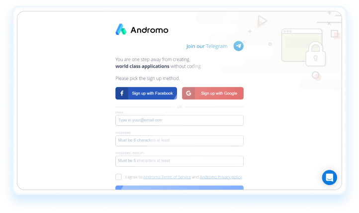 Signup Andromo create mobile apps